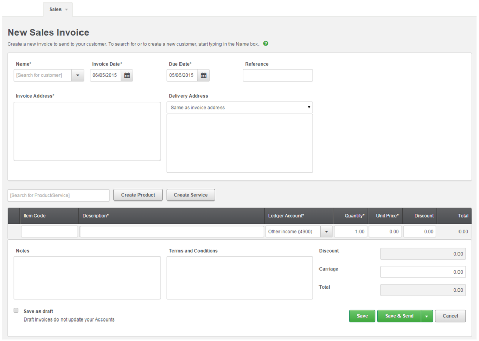 Sage Business Cloud New Sales Invoices